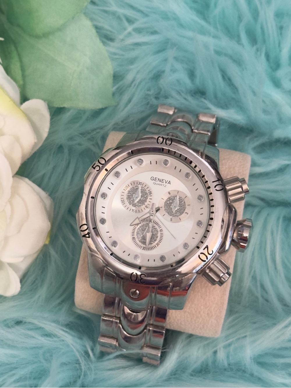 Geneva Silver Men’s Chronograph Bracelet Watch Like New!